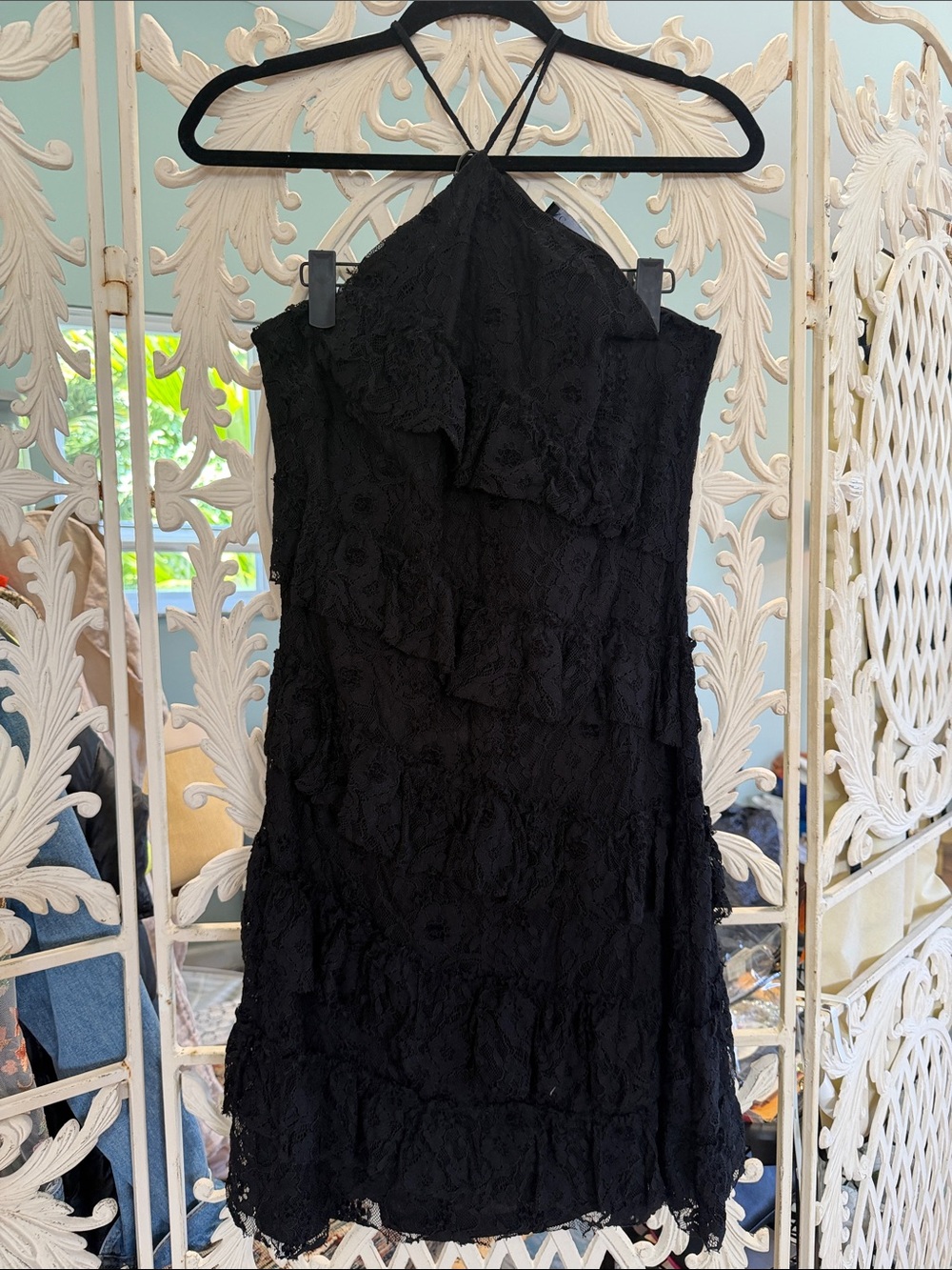 New York & Company Black Lace Halter Mini Dress with Ruffle Layers